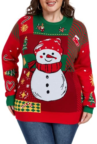 Moon Wood Pull de Noel Femme Hiver Chaud Noël Pull Jacquard Tricoté Ample Sweater de Noël avec Col Rond Grande Taille
