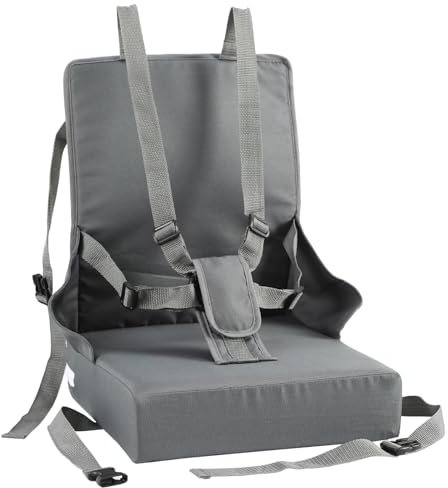 Jaxguom Rehausseur de chaise pour enfant, harnais à 5 points, pliable, coussin d'assise portable avec dossier, imperméable et facile à nettoyer, sac de rangement inclus, gris