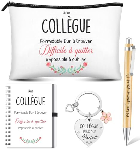 Hestya 4 Pièces Set de Cadeau Départ Collègue de Travail pour Femme | Pochette de Maquillage, Carnet à Spirale, Porte-Clés, Stylo à Bille, Cadeau d'Adieu, pour Retraite, Merci, Anniversaire, Noël