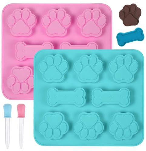 2 Stück Backmatte Hundekekse, Silikon Backmatte für Hundeleckerlies Set, Silikonform Hundeleckerli, Hundekekse Backform mit 2 Tropfer, Hundepfoten Silikonformen, für DIY Hundeleckerlies, Schokolade