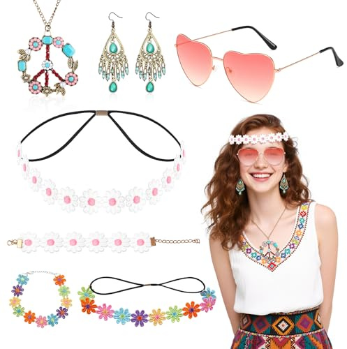 Oerphh 8pcs Set Hippie Accessoires inkl. Stirnbänder, Haarreif, Sonnenbrille, Ohrringen für Festival, Konzerte, Karneval