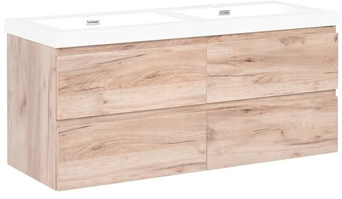 Beliani Wall Mounted Bathroom Cabinet Vanity Unit with Double Basin Wood Look MDF Front 4 Drawers 120 x 46 cm Light Brown Ranco