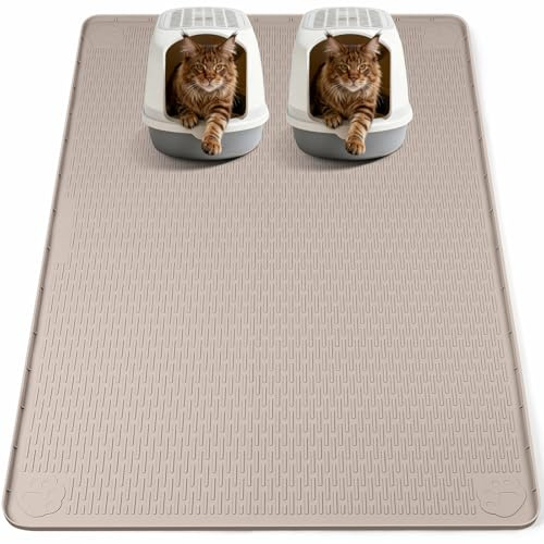 Bartuke Cat Litter Mat for Litter Box, 57”x40” Large Silicone Pet Mat XXL | Waterproof, Non-Slip Rubber Mat with Edge, Extra Large Litter Trapping Mat for Scatter Control, Wipe Clean(Khaki)