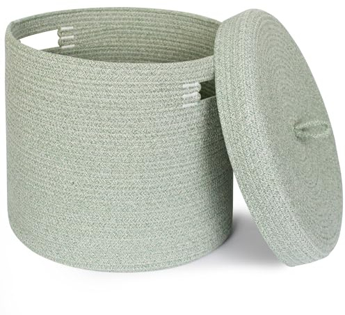 WILLITAT Storage Basket with Lid, Woven Blanket Storage for Living Room, Cotton Rope Bin with Lid, Round Wicker Laundry Basket with Cover, Lidded Kid Dog Toy Box, Nursery Organizer, 15x13, Green