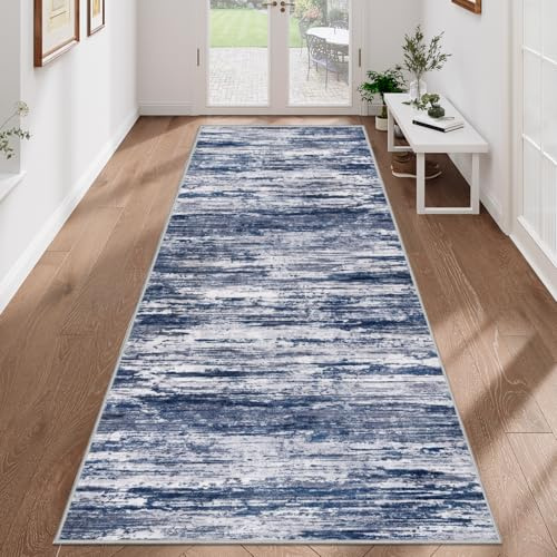 VSIWB Blau Teppich Läufer Flur 80x200 cm, rutschfest, weich, waschbar, Kunstwolle Kurzflor Küchenläufer, modern abstrakt für Wohnzimmer, Schlafzimmer, Diele, Eingang und Waschküche