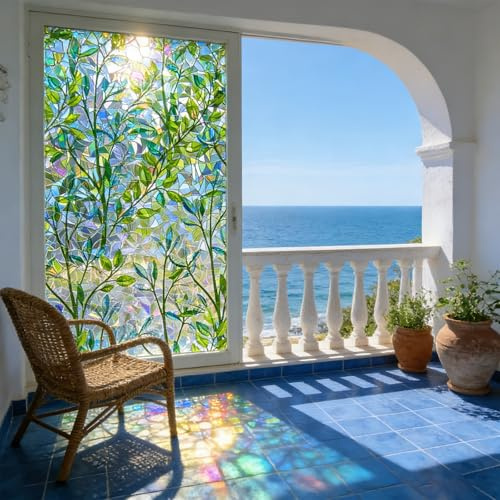 Fensterfolie Blickdicht 20 x 200 cm Selbstklebend, Hitzeschutz, Anti Uv, Sonnenschutz, Wiederverwendbar, Ohne Klebstoff Thermofolie Fenster Gegen Hitze für Zuhause, Blätter