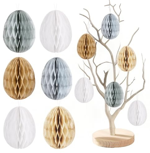 COMOOKA 12 Stücke Osterdeko Wabenbälle Ostern Deko Ostereier zum Aufhängen 7 cm 5 Farben Ostereier Anhänger aus Papier für Zimmer (Weiß)