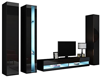 Wohnwand Vigo New VII, Design Mediawand, Modernes Wohnzimmer Set, Anbauwand, Hängeschrank TV Lowboard, Vitrine (mit weißer LED Beleuchtung, Schwarz/Schwarz Hochglanz)