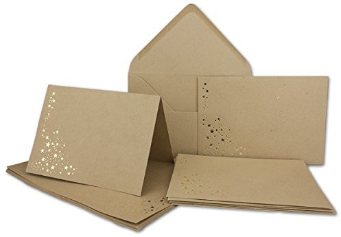 Faltkarten-Set mit Umschlägen DIN A6 - Sandbraun Kraftpapier mit goldenen Metallic Sternen - 10 Sets - Drucker geeignet Ideal für Weihnachtskarten