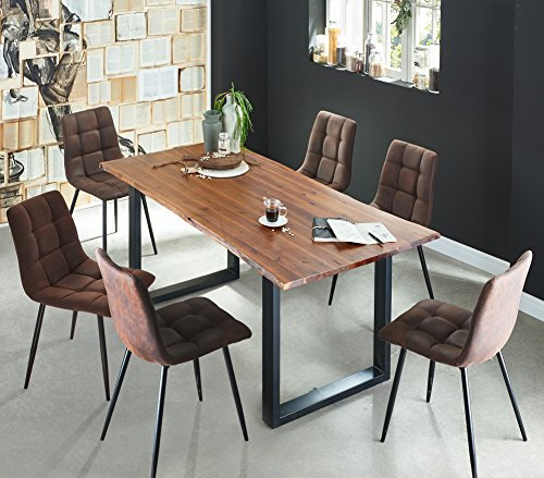 SAM 7 TLG. Essgruppe Esra, Baumkantentisch 200x100 cm, Akazie-Holz cognacfarben, Gestell schwarz, 6X Schalenstuhl ULF braun