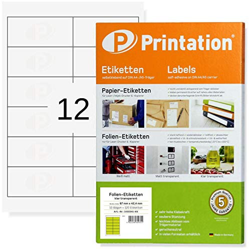 Printation Folien-Etiketten transparent klar 97 x 42,4 mm glasklar - 10 Blatt / 12 Aufkleber durchsichtig pro A4 Bogen 2x6-120 Sticker/Aufkleber 97x42,4 Folien A4 glasklar Laser-Drucker bedruckbar