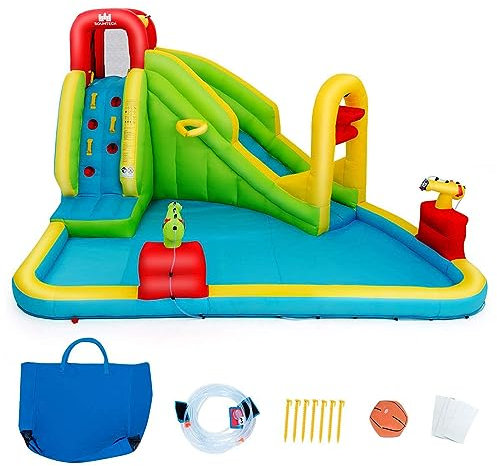 COSTWAY Castillo Hinchable para Niños, Parque Inflable sin Soplador, Castillo Inflable con Tobogán Seco/AcuáTico, Grande para Niños para Jardín Exterior Interior, 400 x 335 x 230 cm