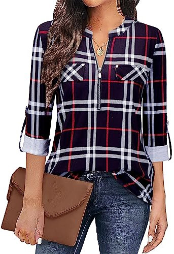 Siddhe Damen Einfarbig V-Ausschnitt Bluse Reißverschluss T-Shirt Oberteile Elegant 3/4 Ärmel Casual Longshirt, Schwarzes Plaid L