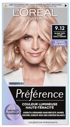 L'ORÉAL PARIS - Tinte permanente – duradero y brillante – sin reflejos amarillos – Cubre 100% cabello blanco – Preferiblemente – Tono: Siberia 9,12, rubio ceniza perlado muy claro