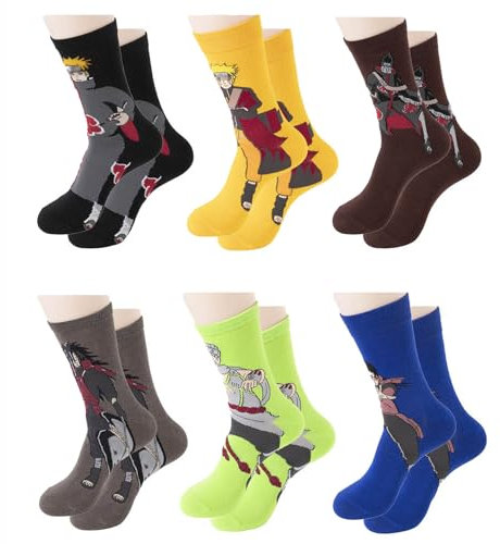 FEIDIAO Ninja Socken Outdoor Wear Kakashi Laufstrümpfe Feuchtigkeitsaufnahme Trocknen Funktionelle Socken Mittellange Sportsocken Ninja Uchiha Herrensocken 6 Paar Set