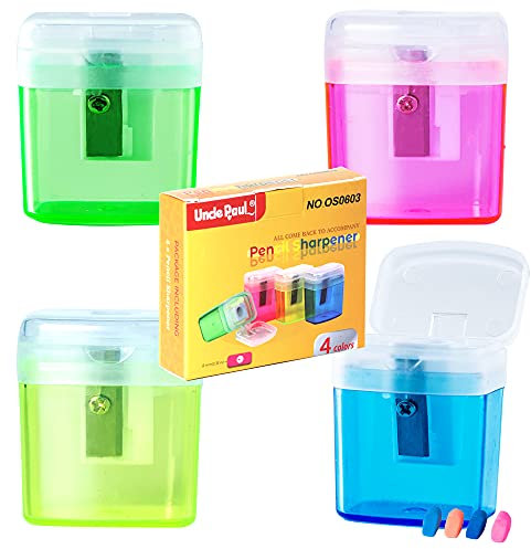 4 Pcs Manual Pencil Sharpeners with Cover Portable Pencil Sharpener for Kids Students School Home Office Supply with 4 Pcs Erasers OS0603