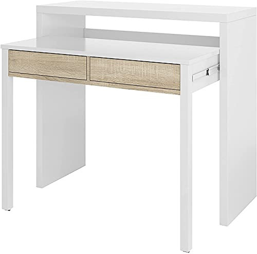 Ausziehbarer Konsolenschreibtisch mit zwei Schubladen, Eiche und weiße Farbe, Maße 98 x 87 x 36 cm (ausziehbar bis 66 cm)