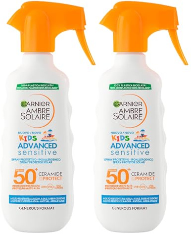 2 x Garnier Ambre Solaire Kids SPF 50+ Spray Sehr hoher Schutz für Kinder, hypoallergen, wasserfest, 2 Flaschen je 300 ml