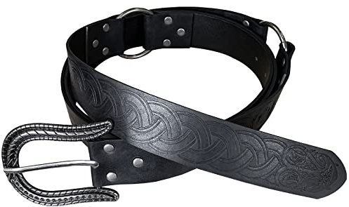 HiiFeuer Nordischer Geprägter Schnallengürtel, Mittelalterlicher Kunstleder-Ritter-Gürtel im Retro-Stil, Rollenspiele, Cosplay (Schwarz A)