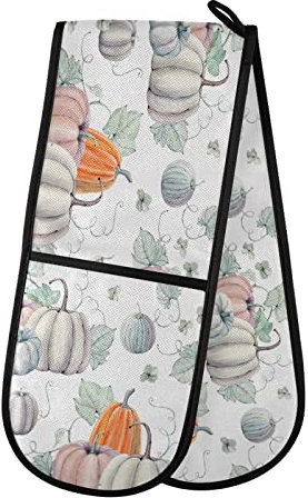 Long Double Oven Mitts, Autumn Watercolor Pumpkin Thanksgiving Heat Resistant Quilted Kitchen Oven Gloves with Loop Washable for Microwave Cooking Baking Grilling Barbecue, 7 x 35
