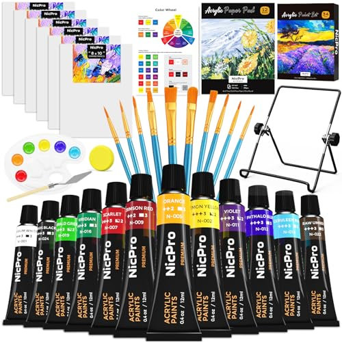 Nicpro Acrylfarben Set für Erwachsene, 34-teiliges Malset mit 12 Acrylfarben, Tischstaffelei, 6 Leinwänden, 10 Pinseln, Malblock, Schwamm, Farbrad und Palette für Anfänger, Kunstmalerei Set