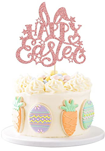 Gyufise 1 Packung Roségold Glitzer Happy Easter Kuchenaufsatz Osterhase Ohr Kuchen Dekoration für Happy Easter Frühling Thema Babyparty Geburtstag Party Dekorationen
