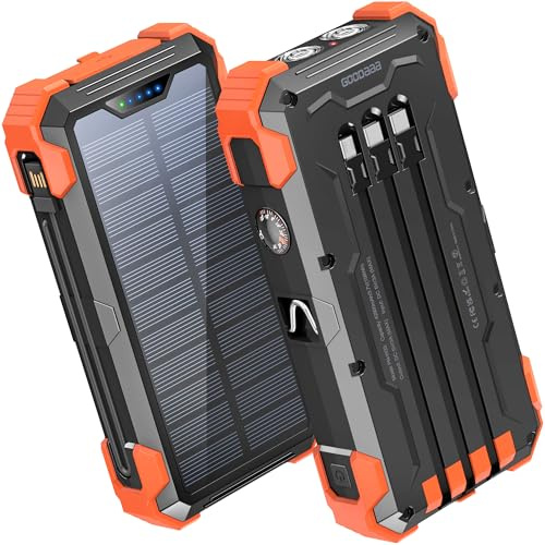 GOODaaa Solar Power Bank 24000mAh, Portable Charger with 4 Built-in Cables