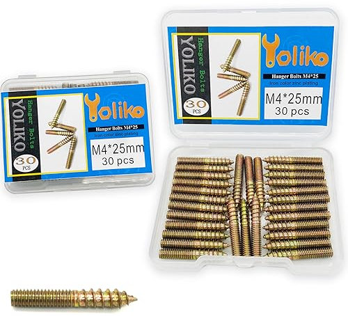Yoliko Confezione da 30 bulloni a doppia testa M4 x 25 da 25 mm, bulloni a doppia testa da 4 mm per tasselli in legno per mobili
