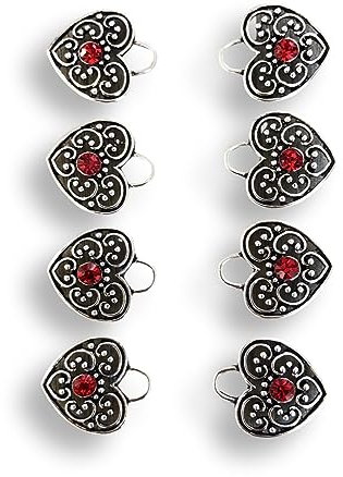 8 Stück allerliebste Herz silber Miederösen aus Metall Herzform mit rot Strass für Dirndl Tracht 30mmx26mm