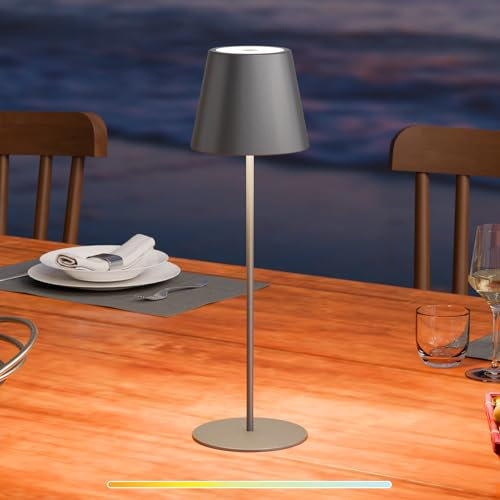 Postlucky Tischlampe Kabellos Dimmbare Touch LED Tischlampe Akku Warmweiß 2700K-4000K USB Aufladbar Akku Tischleuchte Kabellos IP54 Wasserdicht Tischlampe Outdoor für Garten Esstisch (Grau)