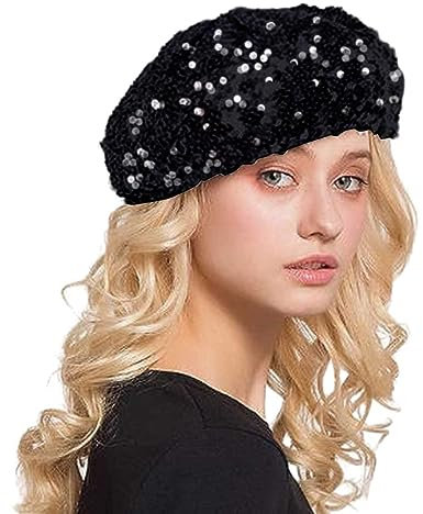 Damen Baskenmütze mit Glitzernden Pailletten, Mütze Glitzer Barett Beret Kopfbedeckung Damenmütze Paillettenmütze Karneval Kostüm Zubehör Baskenmütze mit glitzernden Pailletten Party (Black, One Size)