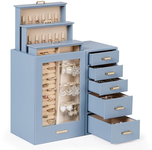 Seelux Schmuckkästchen in Weiß mit 8 Schubladen, Glasfenster für Halsketten, Ringe, Armbänder, Ohrringe Schmuckkoffer Schmuckschatull Schmuckkasten (Grau Blau)