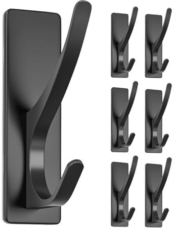 pickpiff Self Adhesive Hooks, Sticky Hooks Extra Sturdy, Hanging up to 6KG, Metal Stainless Heavy Duty Stick on Wall Door, for Towel Coat Hat Purse in Bathroom Shower Kitchen, Black, 6 Pack