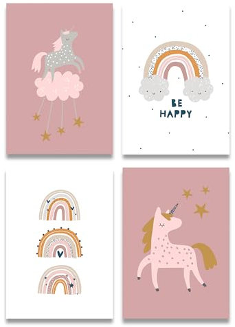 4er Set Kinderzimmer Poster DIN A3 in Pastell Farben Einhorn & Regenbogen | Bilder Kinderzimmer, Kinderzimmer Deko, Wandbilder, Deko Bilder, Boho Dekoration für Kinder