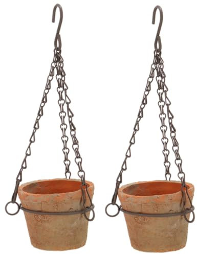 Generisch 2er Set Hängetopf Ø 10,5cm Aged Terracotta Landhausstil Tontopf Blumenampel Außenbereich Metallkette Gartendeko (27)