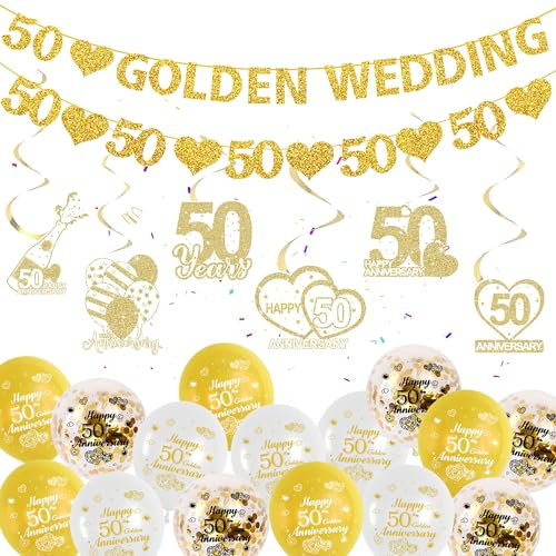 50th Golden Wedding Anniversary Decorations - 47 Piece Golden Wedding Decorations, Glitter Banners, Cheers to 50s Party Supplies