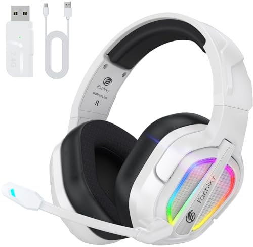 Fachixy「2025 Nuevo」FC200 Cascos Gaming Inalámbricos para PC, PS5, PS4, Auriculares Gaming Inalámbricos de 2,4GHz Wireless+Bluetooth - Baja Latencia, Duración 40Hr+, Luces RGB (Blanco-Negro)