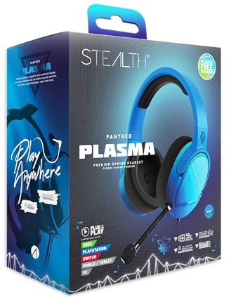 Stealth Panther Plasma Blue - Auriculares Gaming Over Ear compatibles con PS4/PS5, Xbox, Switch, PC con micrófono Flexible, Jack de 3.5mm, Cable de 1.5m, Ligero, cómodo y Duradero