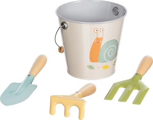 goki 63870 Kinder Gärtner Schnecke, Eimer mit Spaten, Harke und Grabegabel – Buntes Gartenwerkzeug fördert Fantasie und Interesse an Natur, Holz und Metall, 4-er Set, ab 3 Jahre, Mehrfarbig