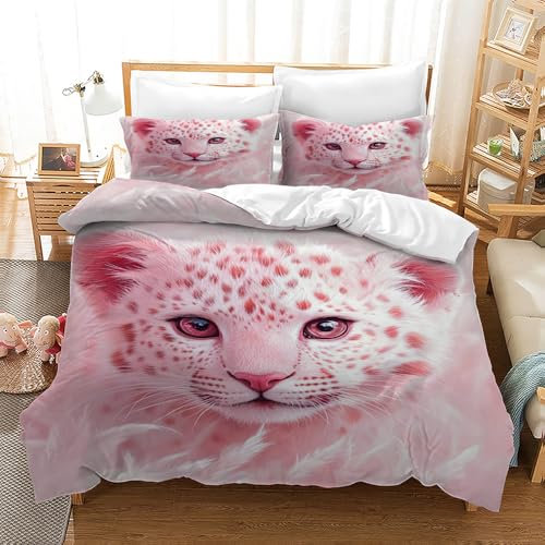 TKCQX LéOpard Animal Sauvage Parure de Lit 240 x 260 Enfant Animal de Dessin Animé LéOpard Rose Parure de Lit Enfant GarçOn Fille Adulte Housse de Couette en Microfibre avec Fermeture éClair