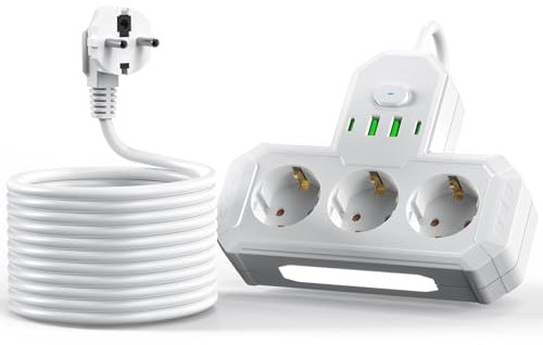 Steckdosenleiste mit Schalter, 3 Fach Mehrfachstecker mit Verlängerungskabel 2M, 2 USB/Type-c (5V/3.1A), Max Und LED-Nachtlicht, Steckdosenleiste Überspannungsschutz 2500W/10A für zu Hause, Büro Weiß