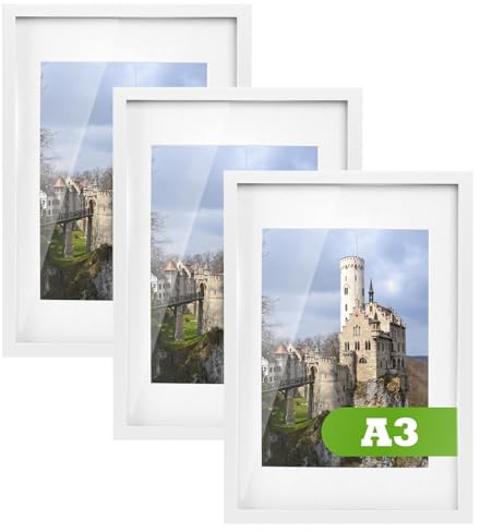 Nicola Spring A3 Picture Frame White with A4 Mount Acrylic Glass | 29.7x42cm Acrylic Frame, Glass Front, A3/A4 Display, White Finish, Portrait Landscape, Mount Included, MDF Backboard