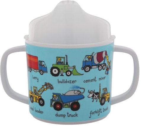 Tyrrell Katz Two-Handled Sippy Cup for Toddlers, Free Flow (No Valve), Removable Lid for Transition to Open Beaker, Anti-Slip Base, BPA Free, Detailed Trucks Illustrations