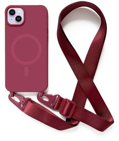 Leather Armor Handykette Hülle für iPhone 14 Plus(6.7) mit Band Halsband Lanyard (abnehmbar) Handyhülle, Verstellbarer Lanyard.Magnetisch Stoßfest Silikonhülle Wireless Charging kompatibel .-Rot