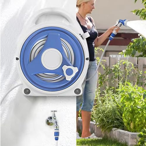 15M Garden Hose Reel with 8-in-1 Adjustable Spray Nozzle Gun, Garden Hose with Hose Connector,Portable Water Pipe Reel, Lawn & Garden Watering Equipment (Blue)