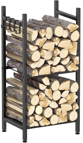 Shinoske Kaminholzregal Metall für innen, Brennholzregal Feuerholzregal mit 4 Haken für Kamin & Ofen, Kaminholzständer mit 2 Ablagen, Kaminholzlager Innen & Außen, 40 x 30 x 80 cm