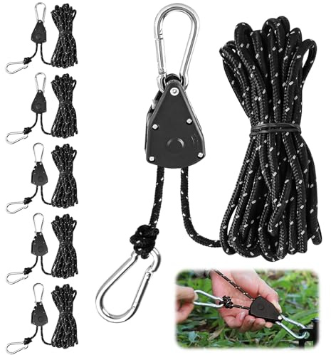 BREANIFULL 6 Stück Abspannseile mit Seilspanner Schwarz Ratchet Hanger Zeltschnur mit Spanner 4 m Einstellbare Seilratsche mit Haken φ 4mm Reflektierende Abspannseile für Sonnensegel