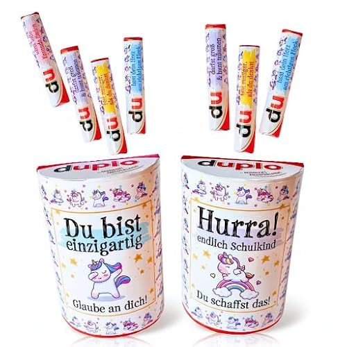 Einschulungsgeschenk Mädchen Einhörner – 20 Aufkleber Banderolen + 2 Box Sticker passend für Duplo Riegel, kreatives DIY für Schultüte, Erstklässlerin, Tochter, Patenkind, Enkelin