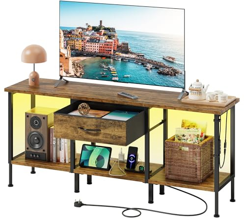 OYRREU TV Stand Cabinet LED for 65 55 Inch, TV Unit with Socket, USB Slots | TV Cabinet with Fabric Drawer and Open Shelves, 140 cm TV Stand, Entertainment Center for Living Room Bedroom, Rustic Brown