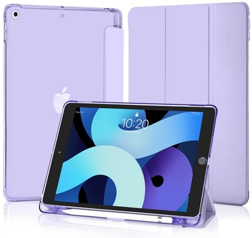 4UBonLife Cover Per iPad 9a/8a/7a Generazione 10,2 Pollici 2021/2020/2019 con Portapenna, Custodia Protettiva Sottile con Retro Rigido Traslucido Guscio Case per iPad 7/8/9, Viola Chiaro